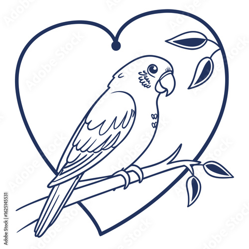 Simple line art illustration of a lovebird perched and facing forward ideal for avian themes