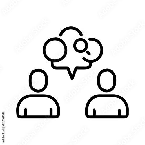 Two outline figures communicating with a speech bubble containing abstract shapes and a small circle