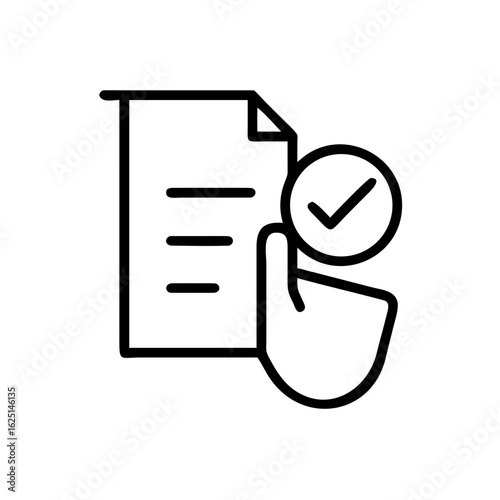 Hand holding document with check mark icon indicating approval in a minimalist line art style design