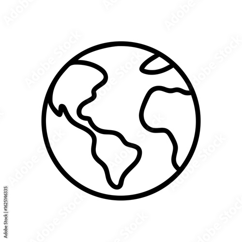 Outline illustration of the earth globe with continents and oceans in a simple black and white design