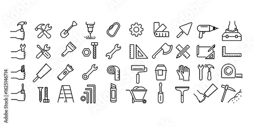 Set of line drawing icons about carpentry tools in vector monochrome