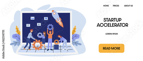 Team of people assembling gears in front of a laptop and rocket, symbolizing teamwork for startup launch. Concept of startup acceleration, innovation, collaboration, and business development.