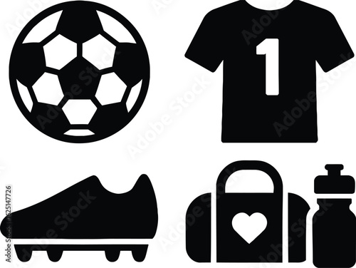 Soccer Essentials Icon Set Featuring Jersey with '1', Sleeveless Shirt, Classic Ball, Cleat, Shin Guards, and Sports Bag with Heart Symbol — Bold Black and White Line Art Celebrating Gear, Identity, 