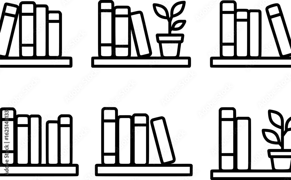 Obraz premium Bookshelf with Books and Potted Plant Icon Set 
