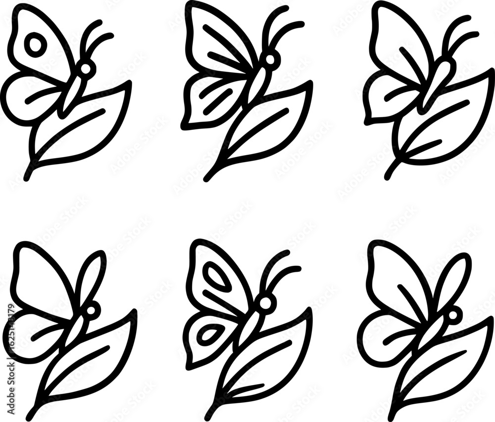 Fototapeta premium Butterfly on Leaf Vector Icon Set Collection 