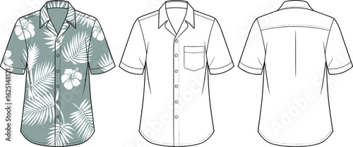 CAD Drawing Flat Vector Illustration, Hawaiian Shirt Design, Floral Pattern, Short Sleeves, Front View, Back View, Fashion Template, Apparel Sketch