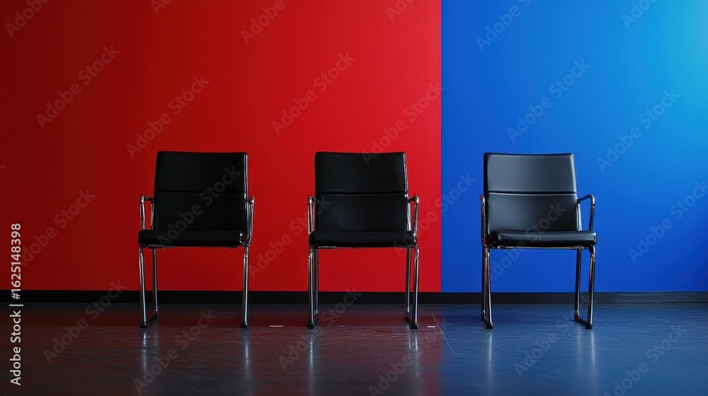 Obraz premium Three black chairs against a red and blue wall.