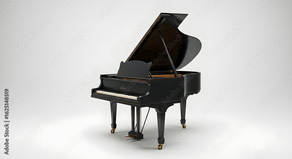 Grand Piano: A sleek grand piano, its polished ebony finish reflecting light, stands ready to create melodies and symphonies. The instrument's open lid invites musical expression. Grand Piano: A sleek grand piano, its polished ebony finish reflecting light, stands ready to create melodies and symphonies. The instrument's open lid invites musical expression.