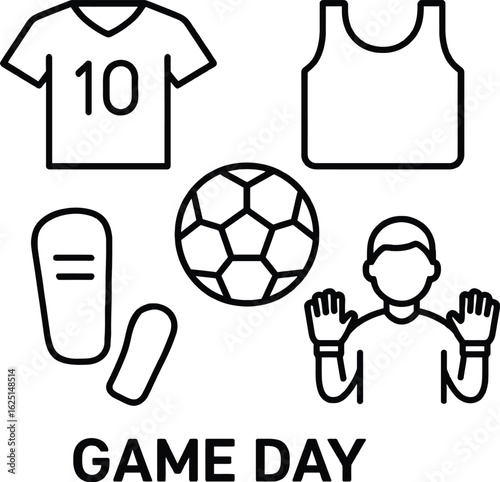 Soccer-Themed Apparel & Gear Illustration Featuring Jersey with '10', Sleeveless Shirt, Soccer Ball, Shin Guards, Goalkeeper with Gloves, and 'Game Day' Text — Bold Black and White Line Art Celebratin