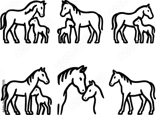 Horse with Foal Vector Icon Set Black and White Line Art Collection 