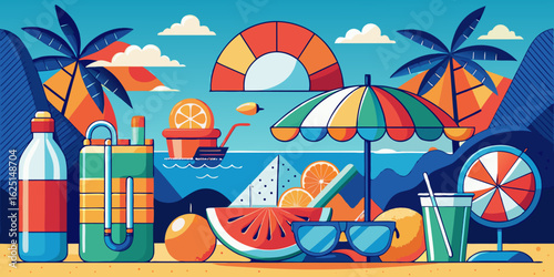 Here's a concise description combining your terms for a summer beach image:

A vibrant vector illustration of a tropical beach landscape with an umbrella, sun, and ocean waves, perfect for summer trav