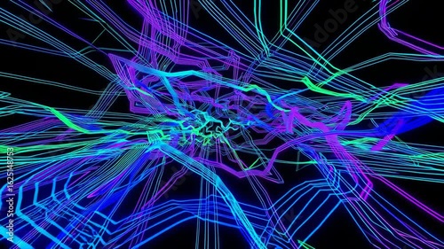 Abstract digital illustration of vibrant glowing lines in blue, green, and purple on dark background