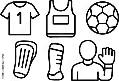Soccer Equipment & Apparel Icon Set Featuring Jersey with '1', Sleeveless Sports Shirt, Soccer Ball, Shin Guard, Sock, and Waving Figure — Bold Black and White Line Illustrations
