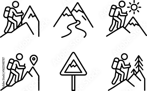 Mountain hiking adventure vector icon set black line art white background 