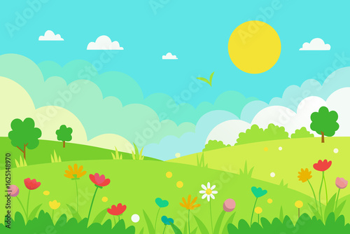 Bright Spring Meadow with Flowers and Gentle Hills vector illustration