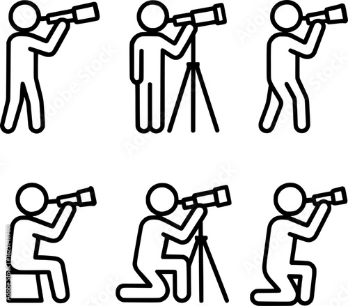 Person using telescope vector icon set in black and white style 