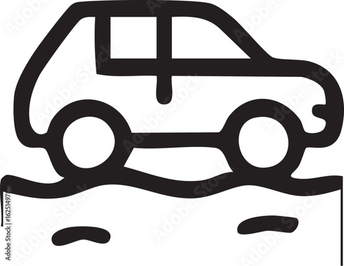 A minimalist black line icon of a car driving on a rough, bumpy, or uneven road surface.