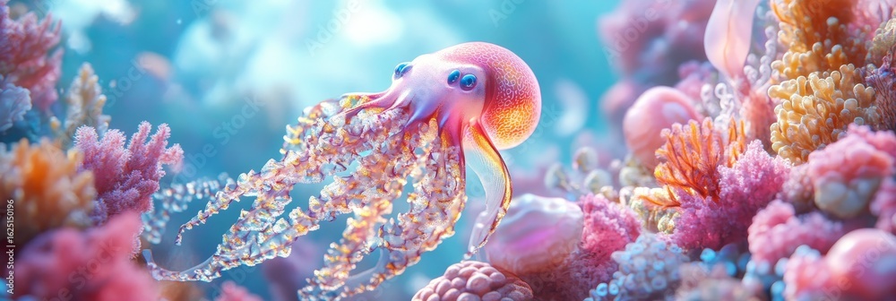 Obraz premium Coral Reef Octopus - A vibrant pink octopus gracefully swims amidst a colorful coral reef, showcasing intricate details and soft lighting