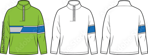 ong sleeve half zip pullover flat technical sketch, cad fashion illustration, color blocked sweatshirt, apparel design vector template