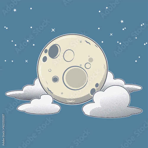 A charming cartoon style illustration featuring a detailed moon surrounded by fluffy clouds and twinkling stars set against a dark blue night sky. Ideal for children's books, animations, or whimsical 