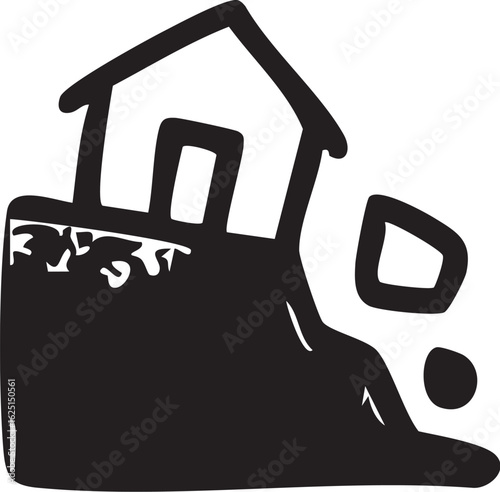 A simple black and white icon of a house sliding off a crumbling cliff during a landslide.