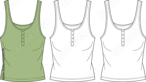Tank top CAD drawing, flat fashion template, sleeveless shirt vector sketch, stylish casual apparel design, clothing illustration, Adobe Stock image