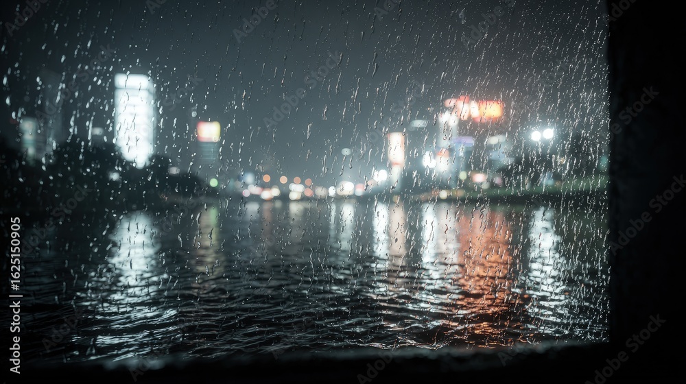 Obraz premium Rainy Night Cityscape View Through Window