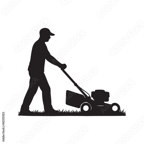 "Silhouette of manPushing Lawn Mower Vector Illustration"

