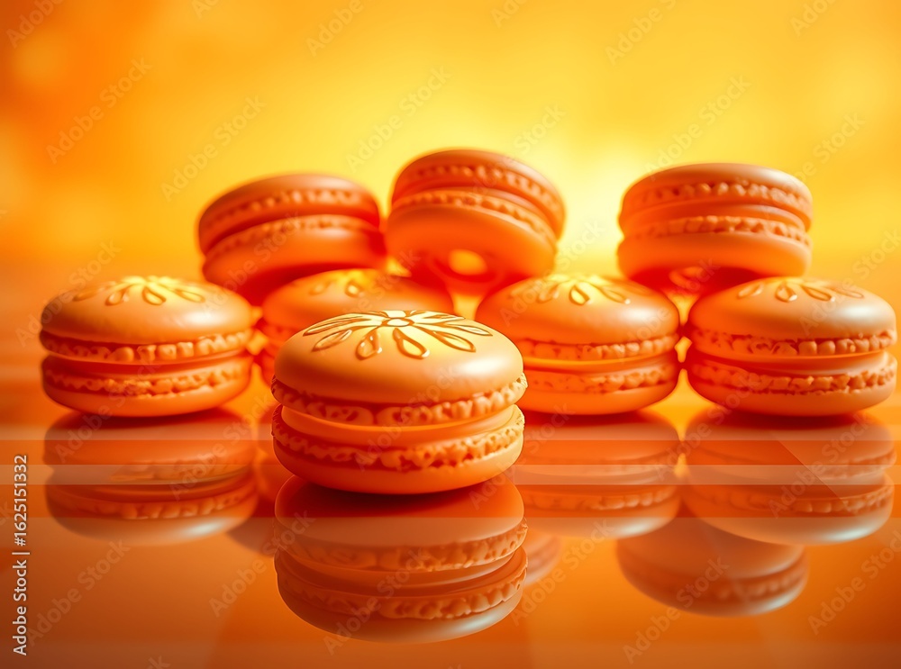 Fototapeta premium Orange Macarons: A close-up shot captures the exquisite artistry of an assortment of golden-hued macarons, arranged in a delightful pyramid on a lustrous surface. It's a feast for the eyes.