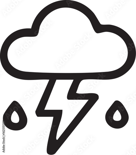 A simple black line art icon depicting a thunderstorm with a cloud, lightning, and rain.