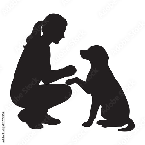 "Silhouette Woman Training Dog Pet Obedience Sitting Pose Vector Icon"

