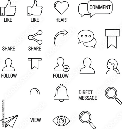 Social Media Interaction Icon Set Featuring Like, Heart, Comment, Share, Bookmark, Follow, Direct Message, View, Notification, and Search Symbols — Stylized UI Elements for Digital Engagement