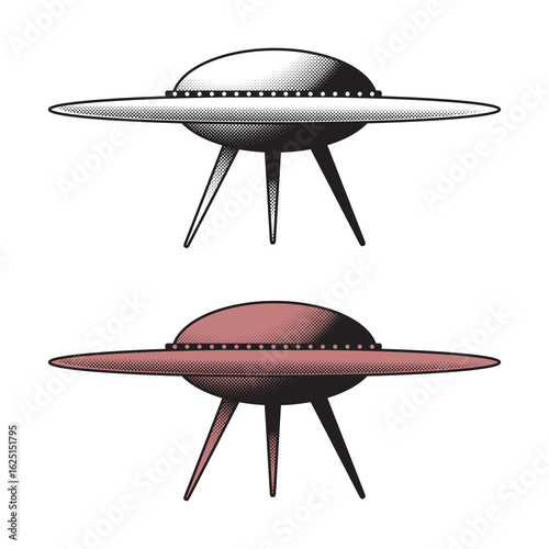Retro UFO with halftone style - Vintage Sci-fi Spaceship illustration