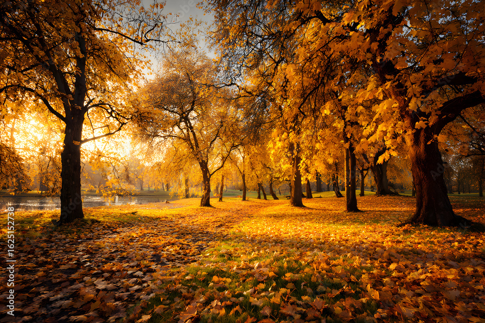 Fototapeta premium Golden Autumn Trees Illuminated by Sunset in a Serene Park Location