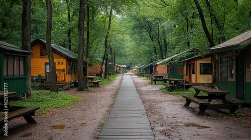 Idyllic campsite nestled within a tranquil forest setting featuring rustic cabins and picnic areas