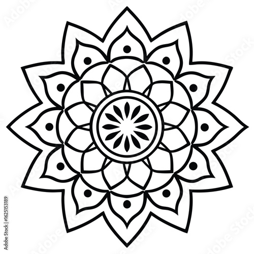 Intricate black and white mandala design with radial symmetry and floral elements