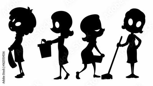 Silhouette illustration of four women engaged in various cleaning activities with cleaning supplies tools