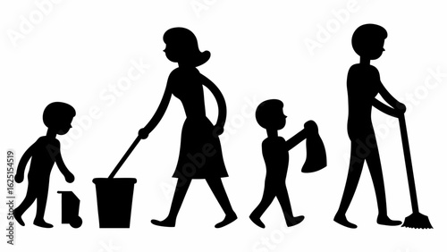 Silhouette of family cleaning together with mother sweeping and father mopping the floor in black and white