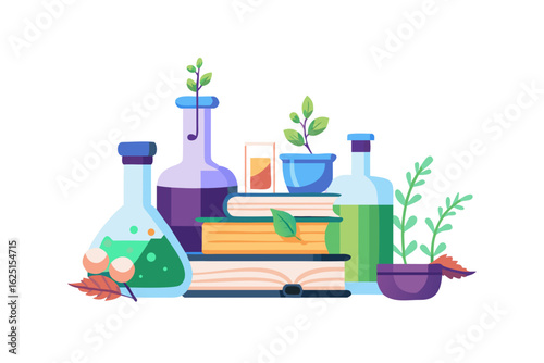 Laboratory glassware and books with herbs in flat style