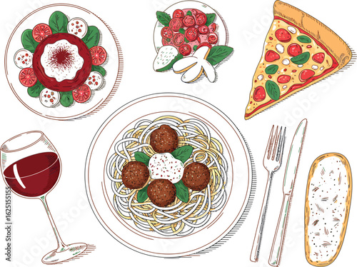Hand-drawn Italian Dinner Platter with Pizza, Pasta, Salad, and Wine