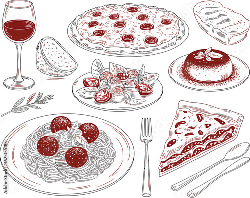 Hand-drawn Italian food illustrations for restaurant menus or food blogs.