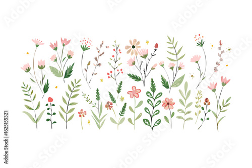 Dense wildflower foliage in pastel pink and green tones