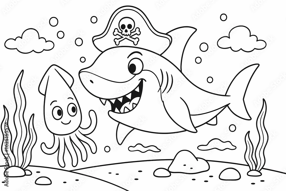 Obraz premium Funny shark with a pirate hat smiles underwater with a friendly squid. A playful and adventurous sea-themed coloring page for kids