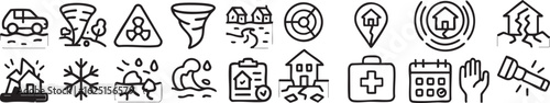 A collection of outline icons illustrating natural disasters, accidents, and emergency preparedness concepts.