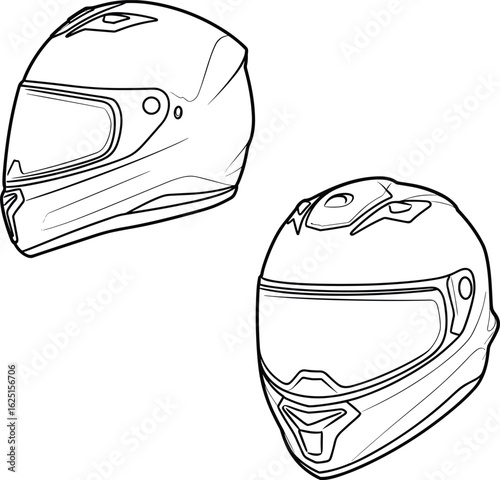 Motorcycle helmet illustration, safety gear, protective headwear, vector drawing, line art, black and white, modern design, durable style, stock image, high-quality