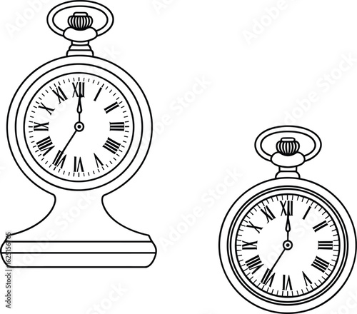 Vintage clock illustrations, antique timepieces, Roman numerals, classic design, black and white, retro style, timeless elegance, detailed drawing, ornate sketch, collectible art