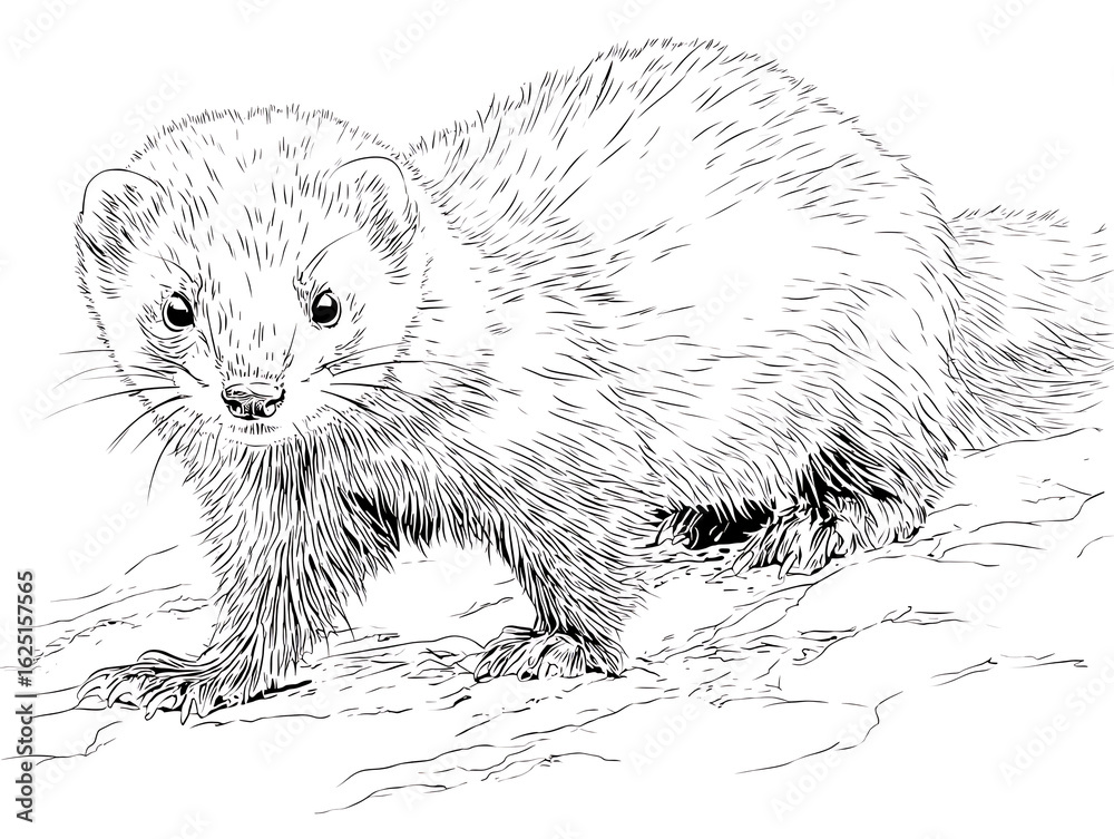 Obraz premium A detailed illustration of a stoat, standing with poised alertness. Captured with precision and artistry, showcasing its sleek fur and focused gaze, conveying its wild, natural grace.