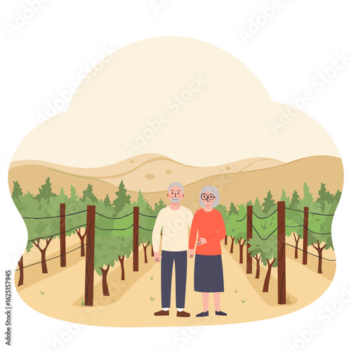 Elderly couple in vineyard. Seniors enjoying countryside together. Romantic walk through grapevines. Retired couple in wine country. 