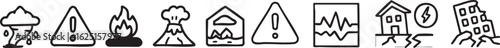 A collection of monochrome icons representing natural disasters and emergency warnings.