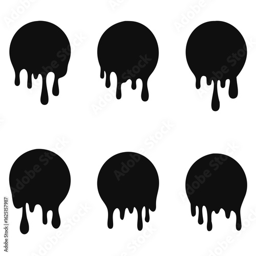 Paint drip stickers set, circle with melt drop icon, graffiti paint drip blobs. vector illustration